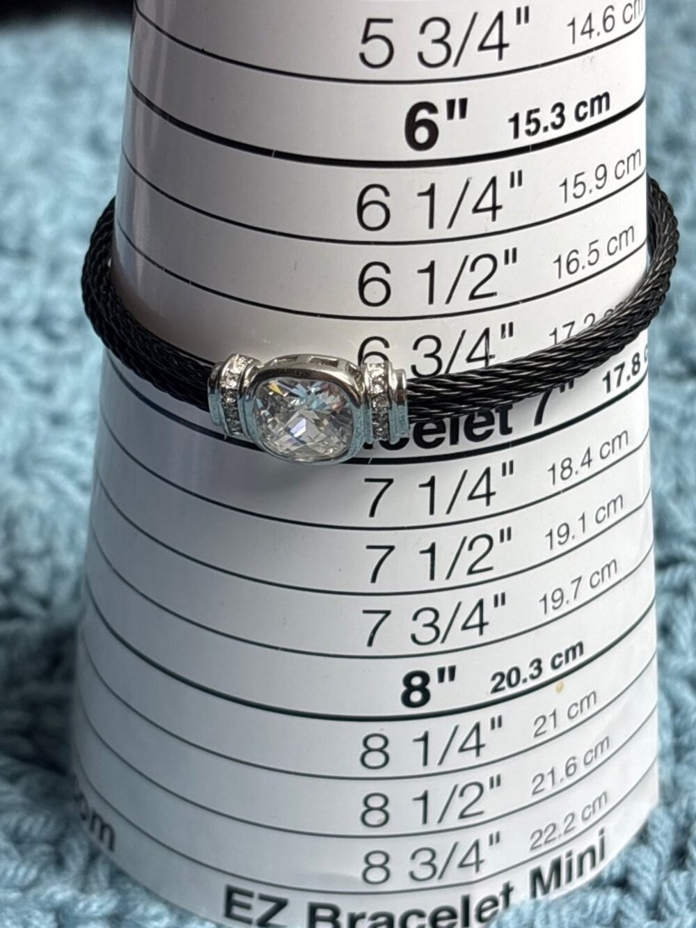 Black Cord Bracelet Silvertone Clear Rhinestones 6.75 inches